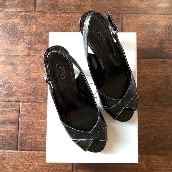 LOFT Christina Black Leather Platform Peep Toe Slingback Heels Size 6.5 - Picture 16 of 16